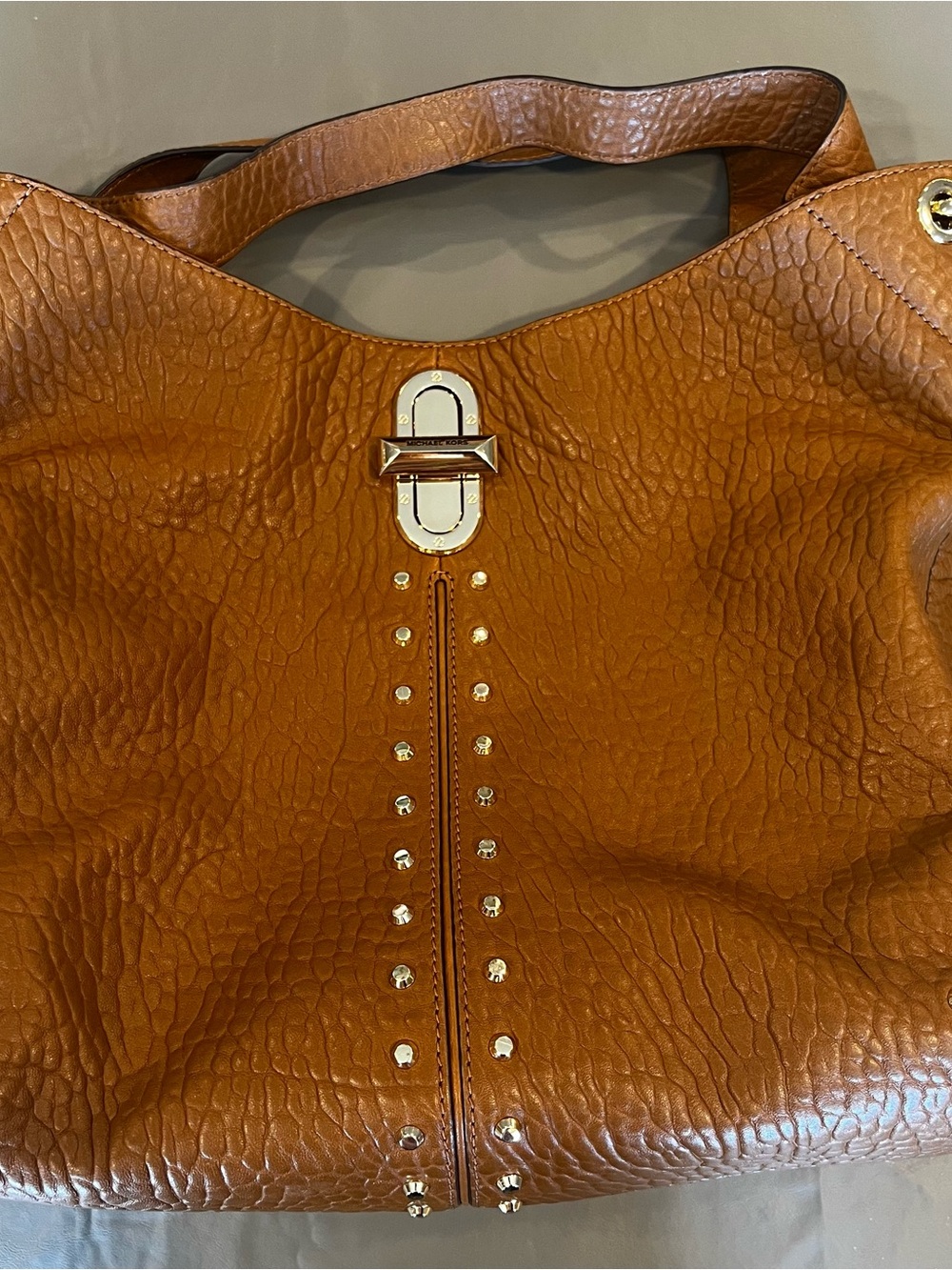 Michael Kors Cognac Pebbled Leather Shoulder Bag with Stud Detail